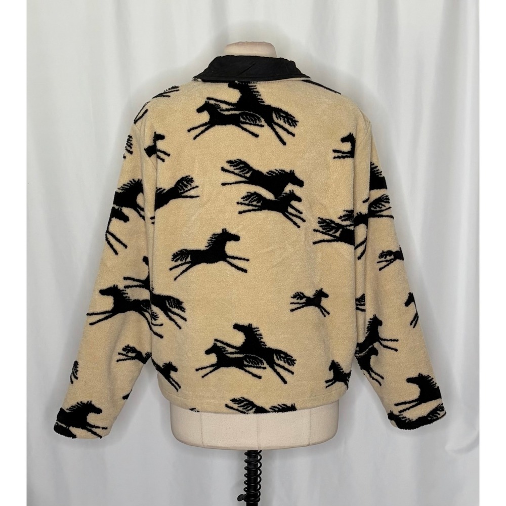 TSUNAMI Equestrian Horse Print Fleece Jacket Faux Suede Trim Buttons Large - Picture 9 of 13